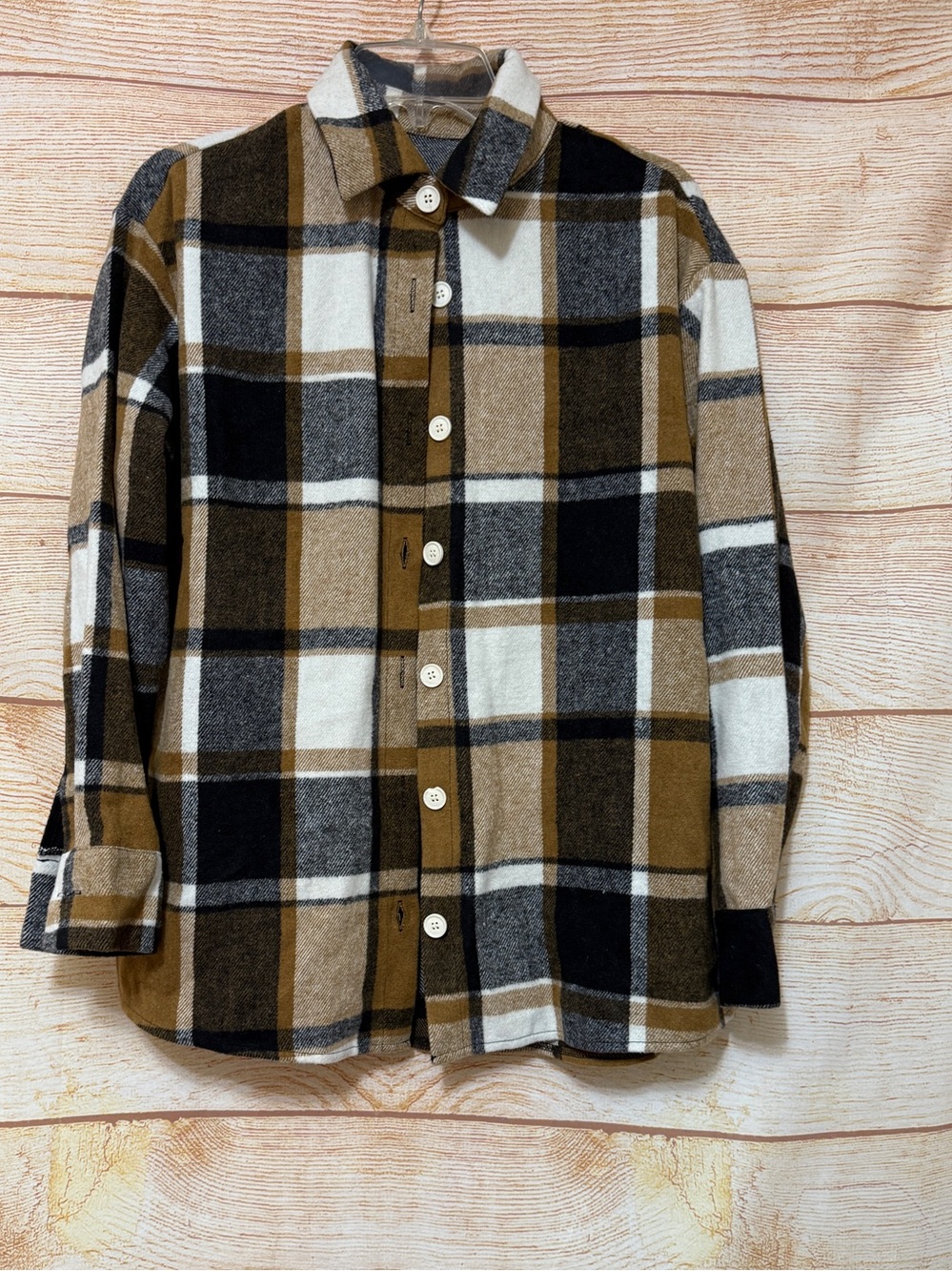 Women Plaid Brown Black Button-Front Shirt Jacket Sz Small